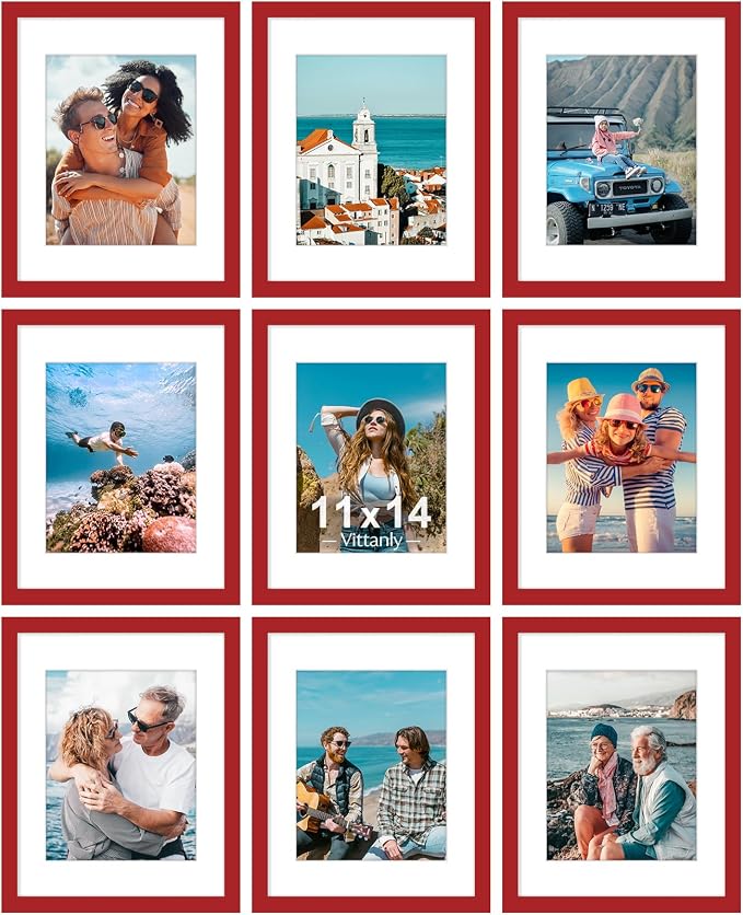 Vittanly 11x14 Picture Frames Set of 9 for Wall Mounting, Red | Display Pictures 8x10 with Mat or 11x14 without Mat, Engineered Wood with Shatter Resistant Plexiglass, Gallery Photo Frames