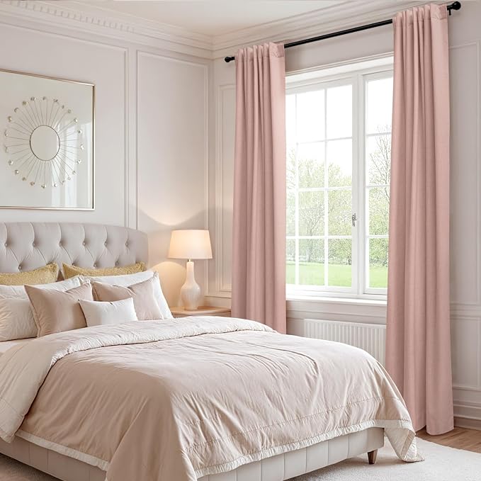 100% Blackout Shield Linen Blackout Curtains for Bedroom 90 Inches Long, Back Tab/Rod Pocket Living Room Drapes, Thermal Insulated Blackout Curtains 2 Panels Set, 42" W x 90" L, Blush Pink