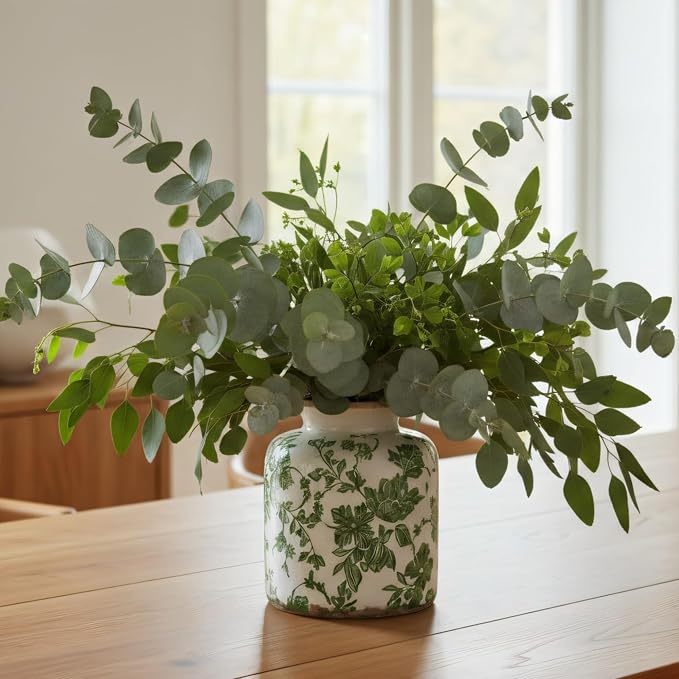 Vintage Green Crackle Glaze Ceramic Flower Vase, 6” Small Rustic Pottery Decorative Botanical Vase with Distressed Beige Rim French Country Farmhouse Cottage Tabletop & Mantel Home Decor