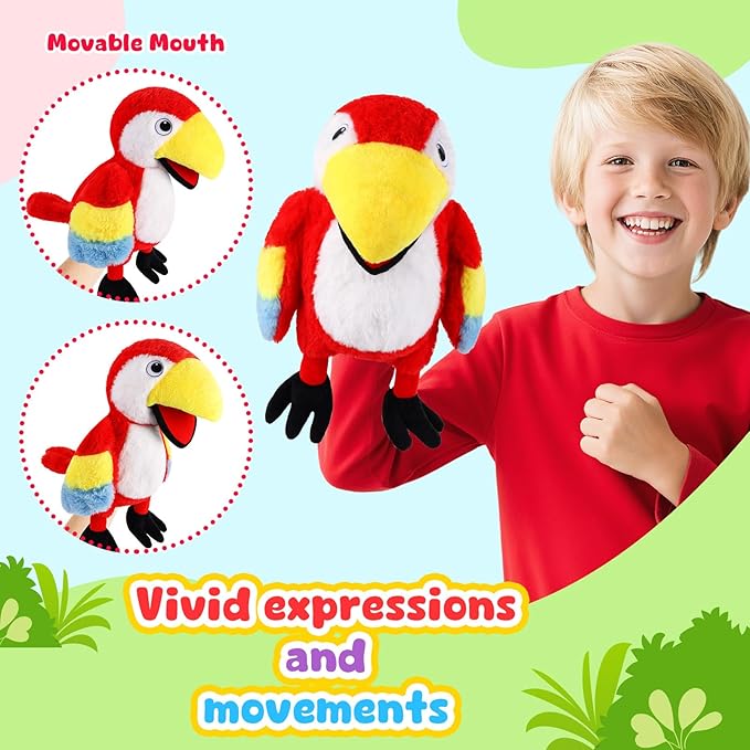 Animal Hand Puppets 11 Inch Bird Plush Toucan Owl Eagle Parrot Flamingo Peacock Puppet Toys Role-Play Puppets for Kids Storytelling Imaginative Pretend Play Teaching Preschool(Parrot)