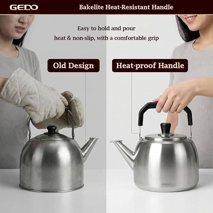 GEDO Stainless Steel Whistling Tea Kettle, 304 Food Grade, Large Capacity, Stovetop Kettle for Gas Stove and Induction Cooktop (5L/5.28QT)