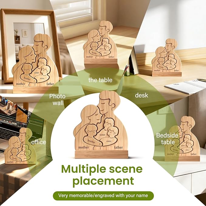 Personalized Wooden Family Puzzle with 2-5 Names - Custom Hugging Art Figurine for Rustic Home Decor - Unique for Mom Dad & Kids (Family of 3 to 5)