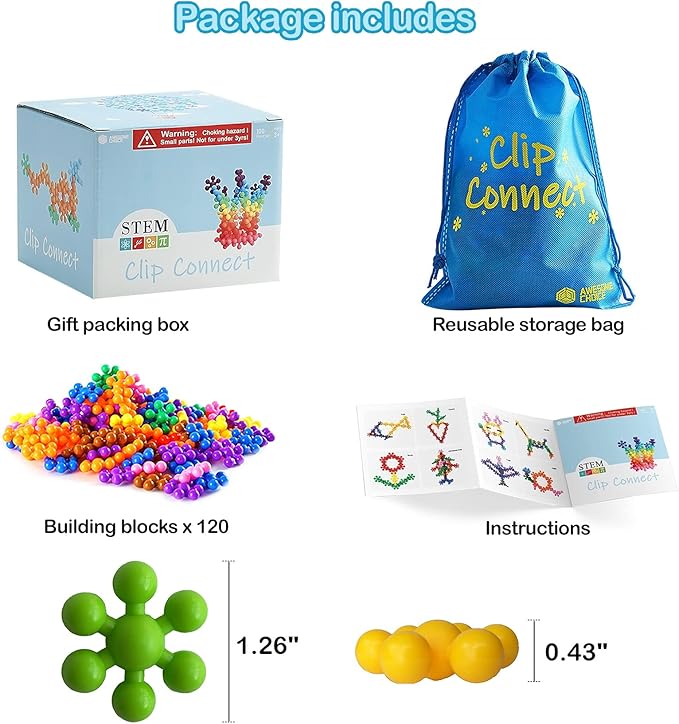 Clip Connect 120 Piece Building Blocks | Diameter 1.26", STEM Building Toys Set Kindergarten Math Manipulatives for Kids Boys Girls, Educational Preschool Toys Activities Homeschool Supplies