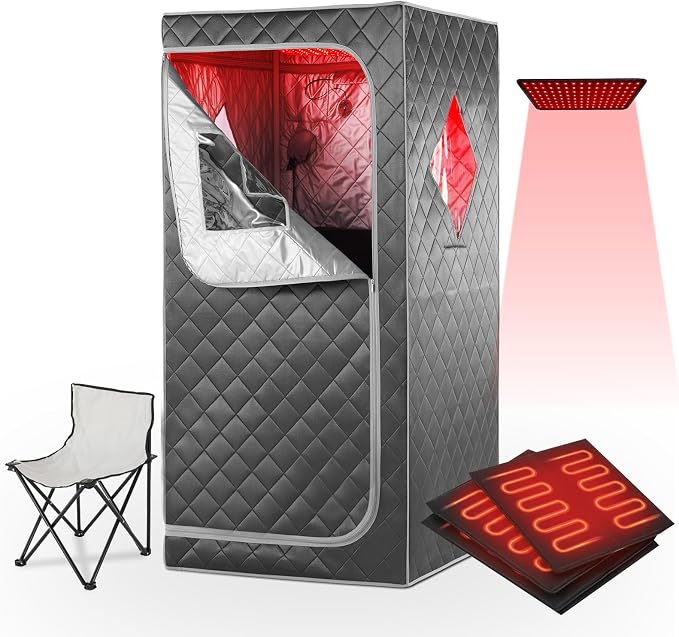 Full Size Portable Personal Infrared Sauna for Home, Personal Home Spa Tent with Remote Control, Heating Foot Pad, Foldable Reinforced Chair （Grey, L33.8 x W 33.8" x H 66.5"