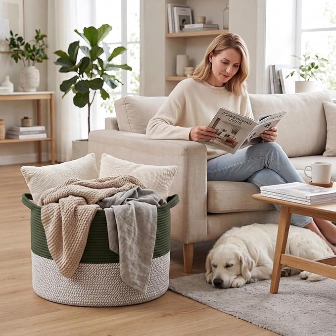 115L Extra Large Blanket Basket,Woven Laundry Basket-Green&White | Collapsible, reinforced handles, nursery storage bin organizes clothes, toys and pillows for living room, bedroom bathroom