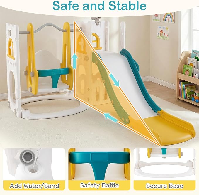 OLAKIDS Toddler Slide and Swing Set, 7 in 1 Kids Indoor Outdoor Playground with Climber Basketball Hoop Telescope Toy Storage for Boys Girls Aged 1+ (Yellow)