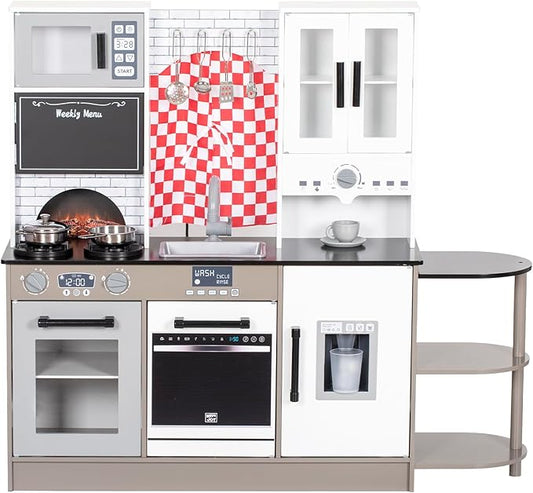 BRINJOY Play Kitchen Set for Kids, Wooden Toddler Kitchen Playset w/Curtains, Coffee Maker, Stove,Sink, Utensils, Light & Sound, Kids Pretend Play Kitchen Toy Set Gift for Girls Boys