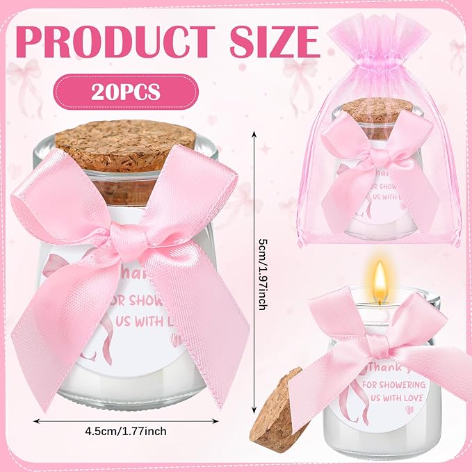 Threlaco 20 Pcs Bow Baby Shower Favors Party Candle Lavender Scented Glass Mason Jar Wax Candle Bulk for Guests Girl Boy Gender Reveal Party Gifts(Pink)