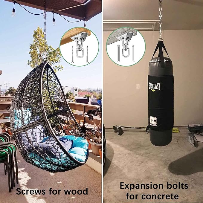 weiatas Hammock Chair Hanging Hardware Kit with Chain and Spring, Heavy Duty Porch Swing Hanger, 360 Swivel Ceiling Hooks for Punching Bag,Gym