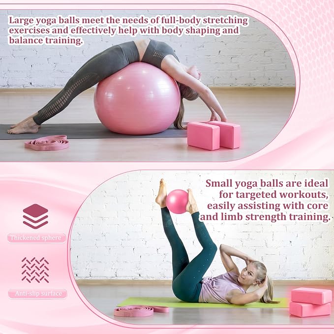 Pilates Set with 2 Yoga Exercise Balls (25.6”&9.8”), Yoga Block, Stretch Strap & Foot Pump, Stability Fitness Ball Kit for Home Gym Equipment Workout Pregnancy Physical Therapy
