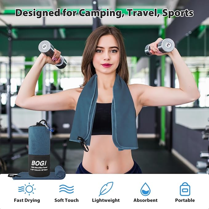BOGI Microfiber Travel Sports Towel-Quick Dry, Soft Lightweight, Absorbent, Compact for Camping, Gym, Yoga, Swimming, Backpacking (L:60''x30''+16''x16''-Nblue)