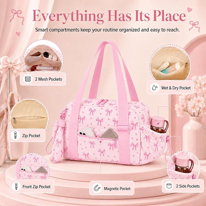 LOIDOU Aesthetic Dance Bag for Girls Corduroy Lightweight Bow Ballet Gymnastic Bag, Small Gym Bag for Women with Wet Dry Pocket, Cute Tote Bag Gifts for Birthday Christmas