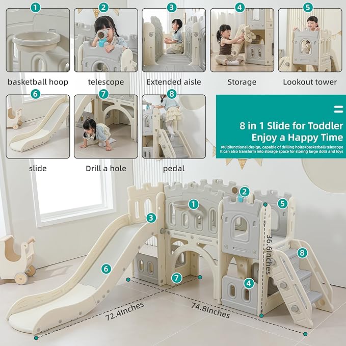8 in 1 Toddler Slide, Castle-Themed Indoor Outdoor Playground for Toddlers Age 1+ with Extra-Long Slide, Basketball Hoop and Ball, Telescope, Tunnel, Storage Space, Baby Climber Playset, Grey