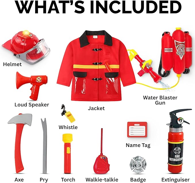 Liberty Imports 12 Piece Kids Fireman Costume Gear Firefighter Chief Dress Up Clothes for Role Play Toy Set with Backpack Water Gun, Fire Extinguisher and Accessories