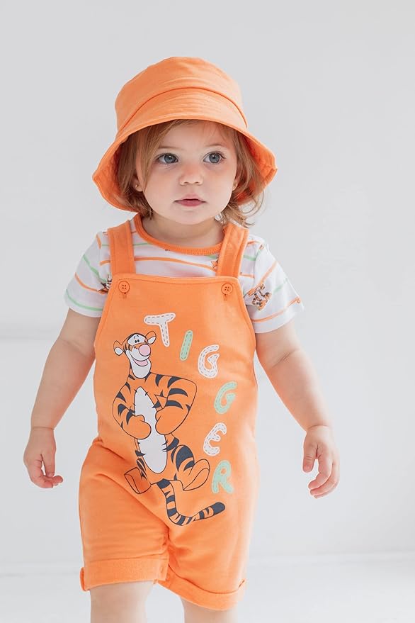 Disney Winnie the Pooh Baby Short Overalls, T-Shirt & Hat 3 Piece Outfit Set Newborn to Infant Sizes (0-24 Months)