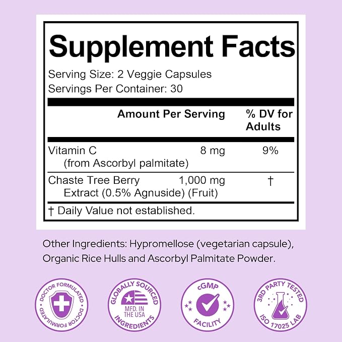 Premom Vitex Chasteberry Supplement for Women, Hormone Balance, Menopause, Menstrual Cycle, Fertility, & PMS Support*, 1,000mg Per Serving from Natural Extract, Vegan, 60 Veggie Capsules