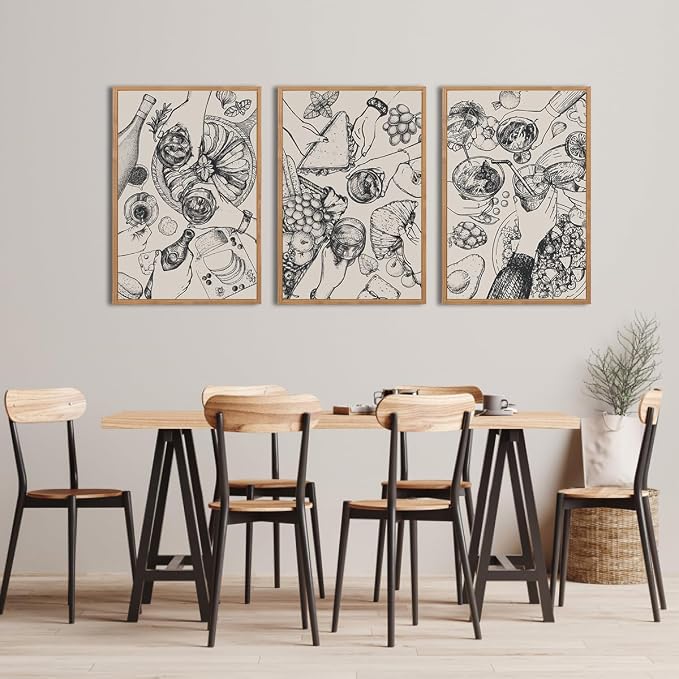 BINCUE Framed Food Wood Wall Art Set of Three Modern Cheers Kitchen Wall Decor Abstract Friends Party Art Print for Kitchen Dining Room Living Room 16x24 Inch