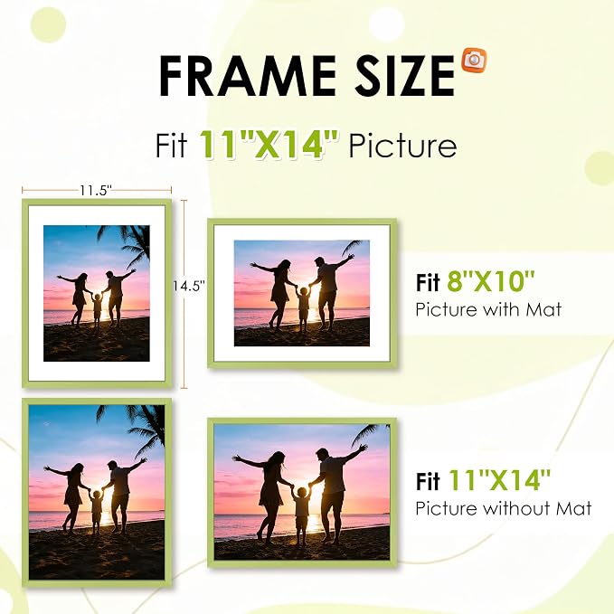 FIXSMITH 11x14 Picture Frame 2 Pack, Green Photo Frame with HD Plexiglass, Display Pictures 8x10 with Mat or 11x14 Without Mat, Black Picture Frames Collage Wall Decor, Gallary Wall Frame
