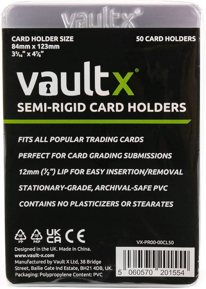 Vault X Semi-Rigid Trading Card Holders (50 Pack), Hard Sleeves for Trading Card Grading Submissions, Card Protectors