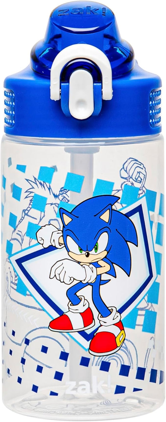 Zak Designs Sonic the Hedgehog Sage Water Bottle For School or Travel, 16oz Durable Plastic Water Bottle With Straw, Handle, and Leak-Proof, Pop-Up Spout Cover (Sonic, Eggman)