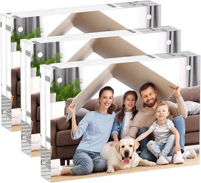 AITEE 3.5x5 Acrylic Picture Frames 3 Pack, 20% Thicker Block, Clear Picture Frames Freestanding Double Sided Magnetic Acrylic Lucite Frameless Transparent Square Frame Gift for Desktop Display