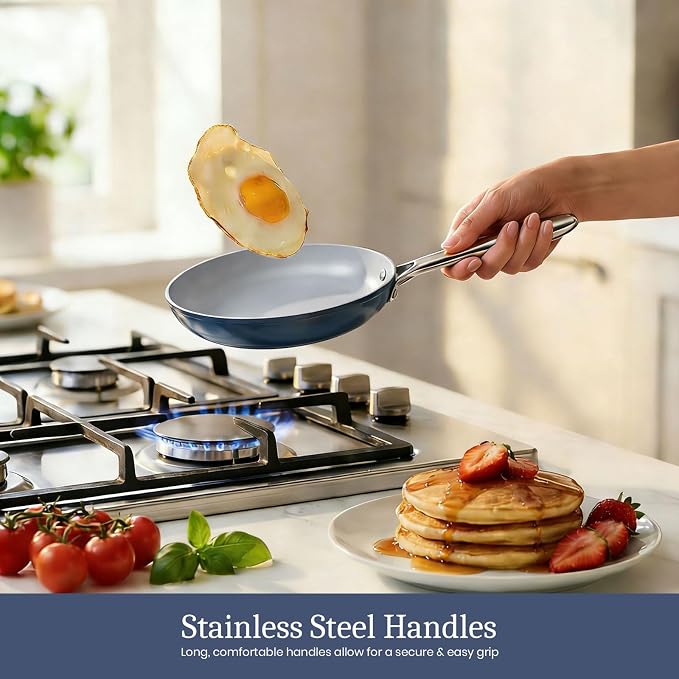 CookinCraze Premium Ceramic Frying Pan, 10 Inch Nonstick Skillet | for Healthy Everyday Cooking, PFAS & PTFE Free, Induction Compatible, Oven Safe up to 500°F, Stay-Cool SS Handle, Navy Blue