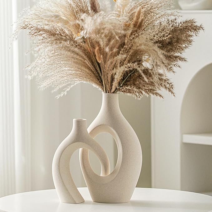 Lvases Snuggle Hollow Ceramic Vase Set of 2, Boho Style Nordic Modern Vase | Round Mid Century Aesthetic Decorative Vase for Home Decor Living Room Kitchen Book Shelf Decorations (Cream W 6.8" X H 11")