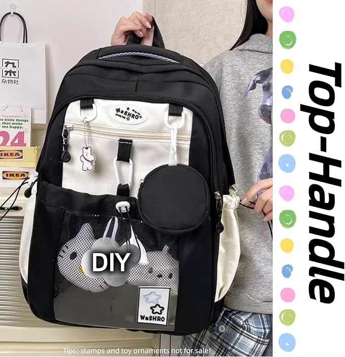 Kawaii Backpack Double Shoulder Bag with Cute Star Removable Pouch Clear Pocket Large Capacity Dopamine Colors Daypack (Clear Black)
