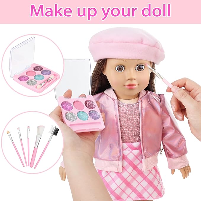 Ecore Fun 17 Pcs American 18 Inch Doll Accessories Cosmetic Set with Backpack & Outfits | Pretend Play Makeup Kit for 18" Dolls | Includes Lipstick, Eyeshadow, Brushes, Accessories & Stylish Clothes