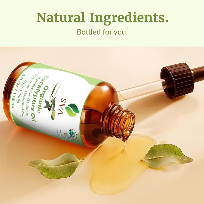 SVA Organic Eucalyptus Essential Oil with Dropper, 4 Fl Oz (118 mL) | Organic Eucalyptus Oil for Diffuser, Humidifier, Spa, Sauna, Hair, Skin, Massage, Soap Making, Candle Making & DIY Projects