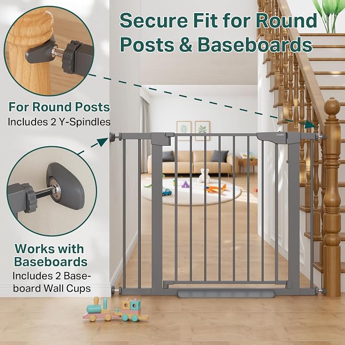 Cumbor 30-40.6" Baby Gate for Stairs and Doorways, Mom's Choice Award Winner, Pressure Mounted Indoor Dog Gate, Easy Walk Through Door, Child Safety Double-Lock, Pet Friendly, Cool Gray