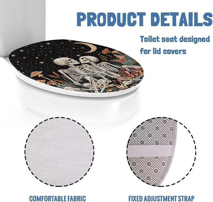 Skeleton Skull Toilet Lid Cover with Elastic Bottom for Bathroom Skull Skeleton Toilet Seat Pads Universal Toilet Tank Cover Replacement Bathroom Dust Cover Replacement