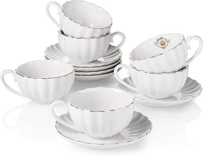 Royal Tea Cups and Saucers, with Gold Trim and Gift Box, British Coffee Cups, Tea Cup Set, Porcelain Tea Set, Cappuccino Cups, Latte Cups, Set of 6 (8 oz)- White