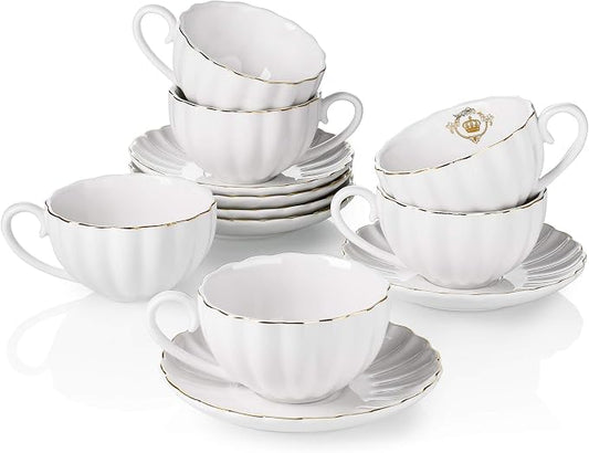 Royal Tea Cups and Saucers, with Gold Trim and Gift Box, British Coffee Cups, Tea Cup Set, Porcelain Tea Set, Cappuccino Cups, Latte Cups, Set of 6 (8 oz)- White