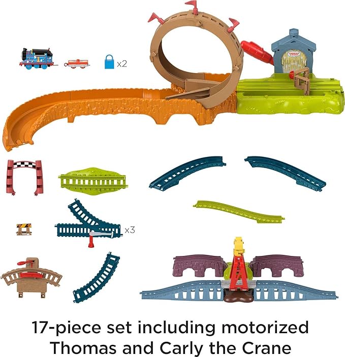 Thomas & Friends Toy Train Set Loop & Launch Maintenance Yard with Thomas Motorized Engine & Carly the Crane for Preschool Kids Ages 3+ Years