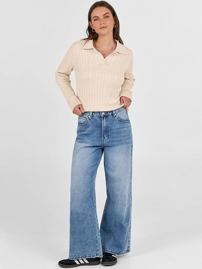 ANRABESS Womens Cable Knit Sweaters Long Sleeve V Neck | Pullover Collared Sweater Tops, Polo Knit Shirts, Business Casual Work, Tennis Golf, Fall Winter Fashion Outfits