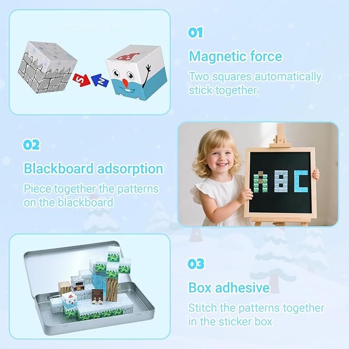 Mini Magnetic Cubes STEM Winter Set for Kids Ages 3-5, 35PCS Educational Travel Building Toys with Magnetic Tin Box, Birthday Gift for Boys & Girls 4-8, Preschool Brain Development Activities