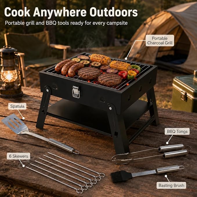 Small Portable BBQ Charcoal Grill: Mini Foldable Table Top Barbecue Grills | with Fire Starter Kit and BBQ Grilling Tool Set, Fathers Day Birthday Grilling Gift for Men Dad Husband