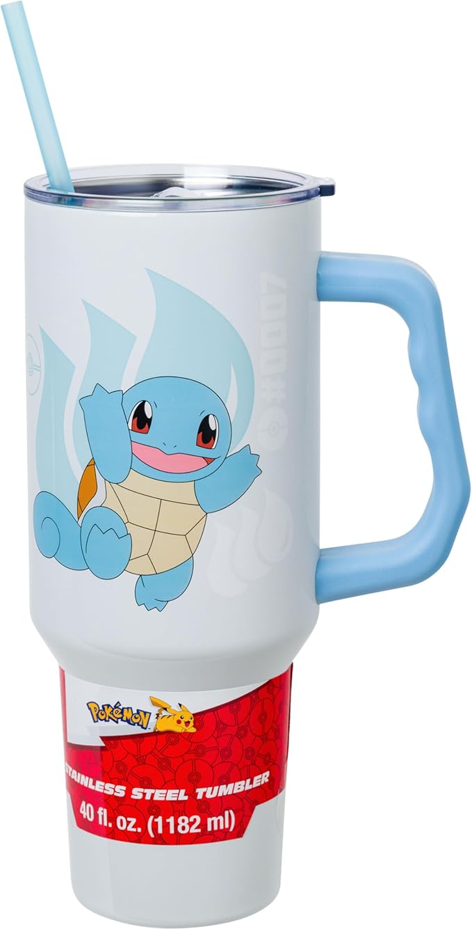 Silver Buffalo Pokémon Stainless Steel Tumbler with Handle Featuring Squirtle, Fits in Standard Cup Holder, 40 Ounces