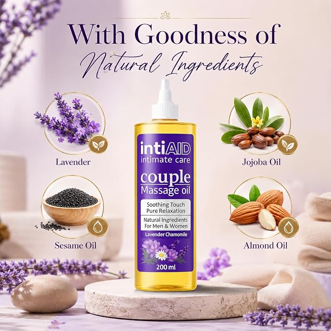 Couple Massage Oil for Date Night & Massage Therapy | Sensual Massage Oil with Lavender & Chamomile | Natural Almond Oil, Jojoba OIl & Vitamin E | 7 Fl Oz