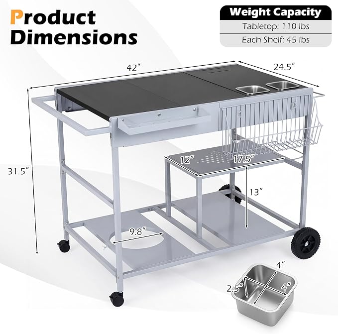 HAPPYGRILL Outdoor Grill Cart with Lockable Wheels & Garbage Bag Holder | Movable BBQ Pizza Oven Stand with Removable Hooks, Portable Cooking Prep Table for BBQ Party