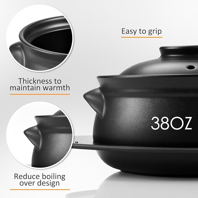 2 Pcs Korean Stone Pot Clay Cooking Pot Set Ceramic Sizzling Hot Bowl Korean Bibimbap Soup Dolsot Bowl with Lids for Ttukbaegi and Koreans Stew (38 oz)
