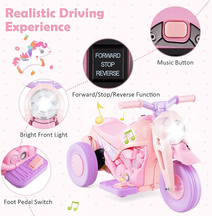 HONEY JOY Pink Ride On Motorcycle, 6V Toddler Motorcycle with Bubble Maker, LED Light, Music, Foot Pedal, Forward/Backward, 3-Wheel Battery Powered Electric Motorcycle for Kids, Gift for Boys Girls