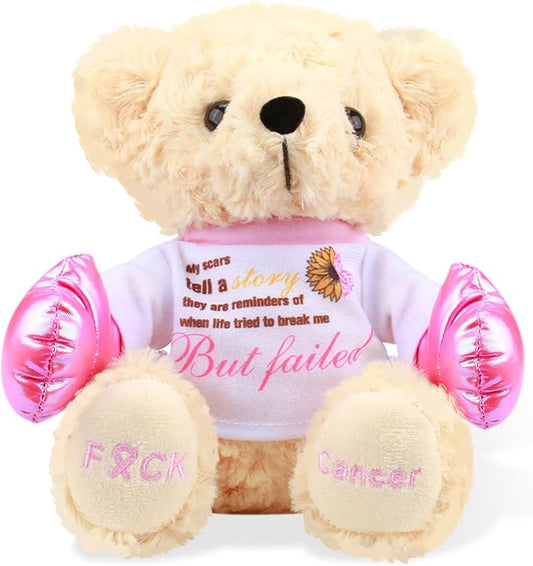 Breast Cancer Awareness Stuffed Bear Plush – 8" Fuck Cancer Teddy Bear Stuffed Animal Toy with Pink Boxing Gloves, Breast Cancer Comfort Gifts for Women, Inspirational Gift For Cancer Warrior Fighter