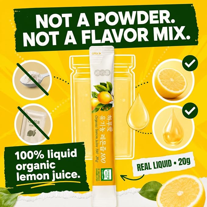 [14 Sticks] Organic 100% Pure NFC Whole Lemon Juice Sticks – 20g Each – Italian Lemon, Cold Pressed, Product of Korea, Non-GMO, No Sugar Added