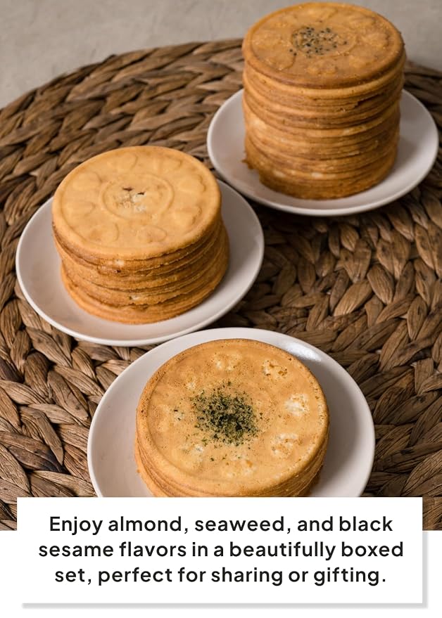 Korean Food Shinwhadang Rice Wafer Cookie Gift Set, 18Pk, Almond & Seaweed. | Gift set featuring oven-baked Korean rice wafer cookies in almond, black sesame, and seaweed flavors