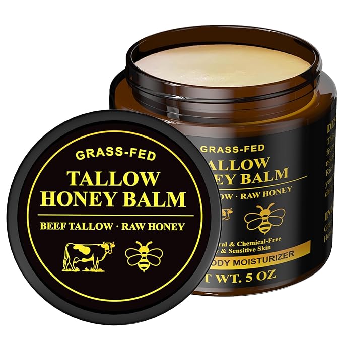 Beef Tallow for Skin, Tallow and Honey Balm, 5 oz Organic Grass-Fed Whipped Beef Tallow Cream, Deep Moisturizing Facial & Body Balm, 100% Natural Face Moisturizer for All Skin Types