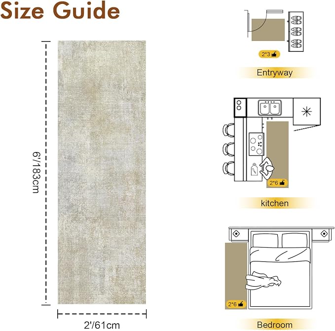 2x6 Ft Washable Runner Rug, Non-Slip Low Pile Hallway Kitchen Area Rug, Soft Long Entryway Floor Mat Abstract Pattern Carpet for Bedside & High-Traffic Areas (Beige)