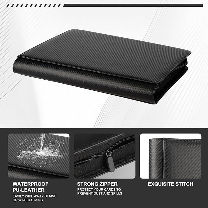 Toploader Binder,Trading Card Binder Storage Hold up 288 Cards 9-Pocket Top Loader Binder with Sleeves for 3"x4" Rigid Toploaders Hard Cases (9Carbon Fiber Black)