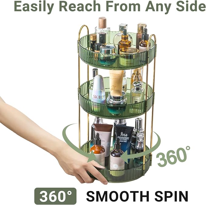 Asayuee 360 Rotating Perfume Organizer,3 Tier Large Capacity Make Up Organizers and Storage,Makeup Organizer for Bathroom,Cosmetic Perfume Stand Holder (Green-3 Tier)